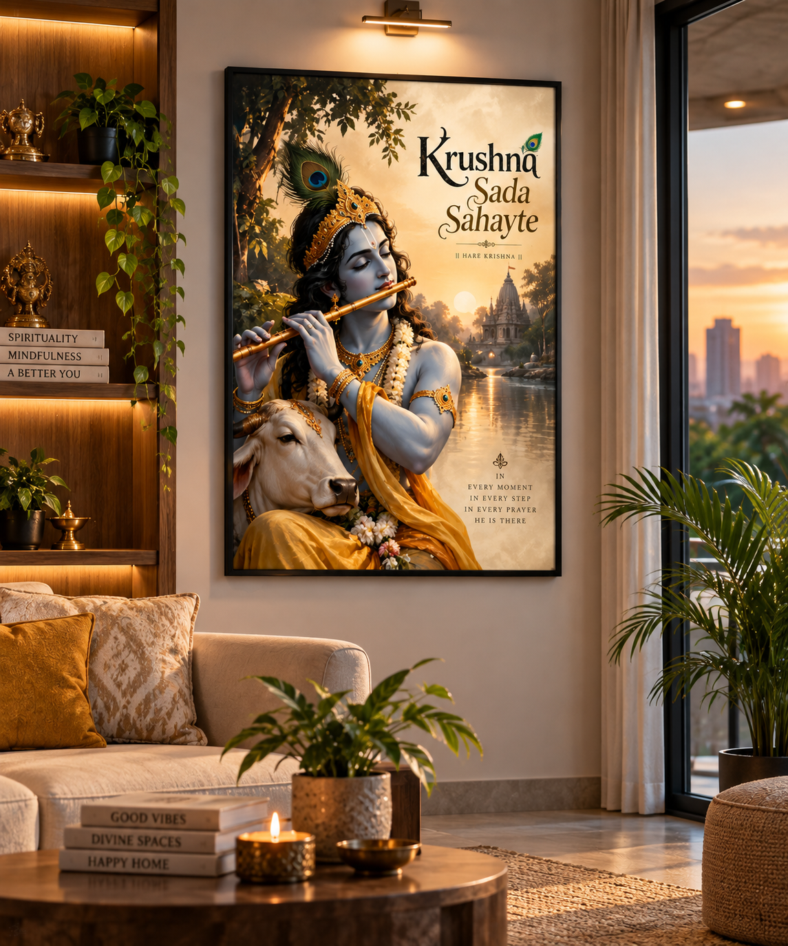 Spiritual God Metal Poster  | Krushna Sada Sahayte Metal Poster | Divine Krishna Wall Art | Spiritual Home Decor