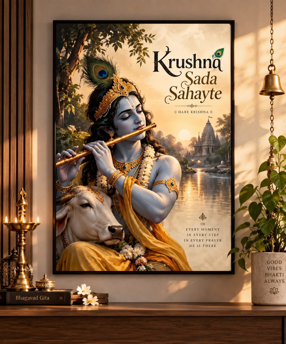Spiritual God Metal Poster  | Krushna Sada Sahayte Metal Poster | Divine Krishna Wall Art | Spiritual Home Decor